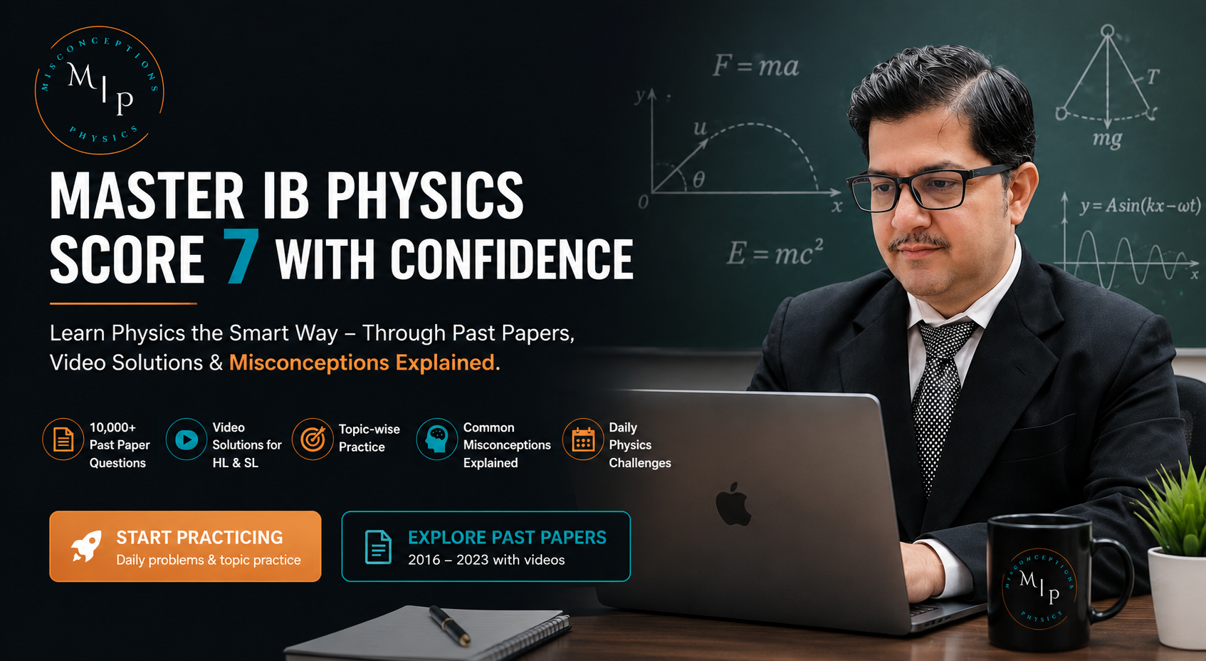 IB Physics With Rao homepage banner showing IB Physics learning resources, past paper solutions and misconceptions explained